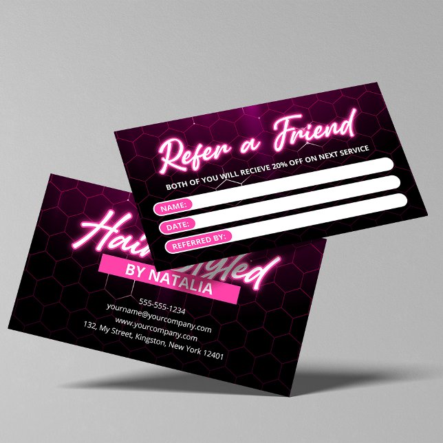 Modernt  Pink Neon Hår Salong Referera en Vän Rabattkort (Skapare uppladdad)