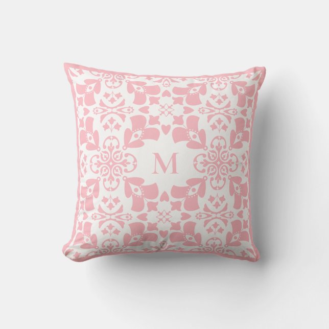 Modernt rosa blommönster Klassisk elegant monogram Kudde (Framsida)