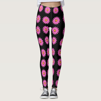 Modernt rosa blommönster på svart bakgrund leggings