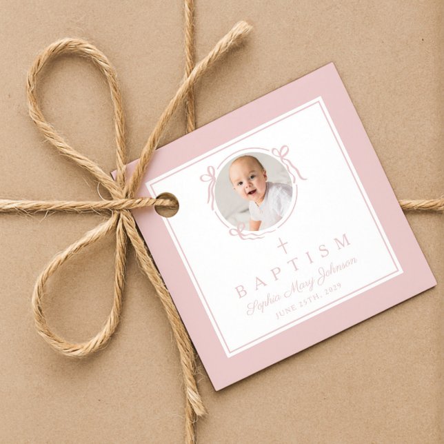 Modernt Rosa Flickdop Foto Gåvor Etiketter (Modern Pink Girl Baptism Photo Favor Tags)