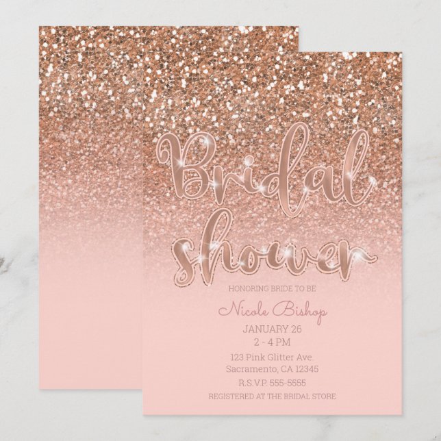Modernt Rosa Glitter Bröllopsfest Glamour Inbjudningar (Fram/baksida)
