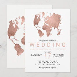 Modernt rosa guld- chic världskartabröllop inbjudningar