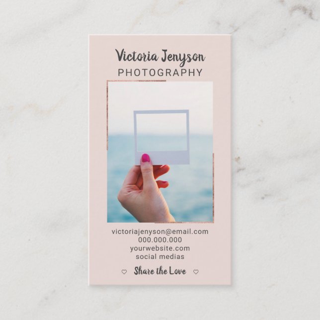 Modernt rosa guld- foto för ramfotograftrendig visitkort (Framsida)