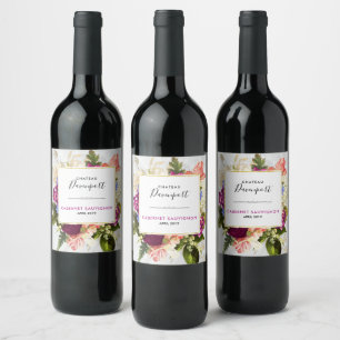 Modernt rosa och vitt akvarell blomsterbukett vinflaska etikett