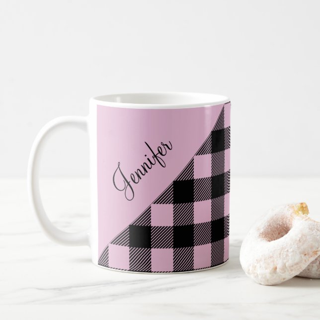 Modernt rosa rutigt rutmönster namn kaffemugg (Med munk)