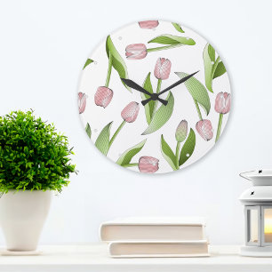 Modernt Rosa Tulpan Blommönster Stor Klocka
