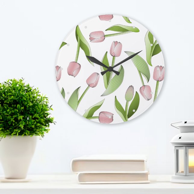 Modernt Rosa Tulpan Blommönster Stor Klocka (Skapare uppladdad)
