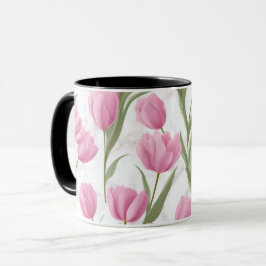 Modernt Rosa Tulpan Vitt Blommönster Mugg