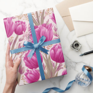 Modernt Rosa Tulpan Vitt Blommönster Presentpapper