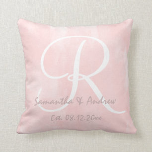Modernt rosa vattenfärgmonogrambröllop kudde