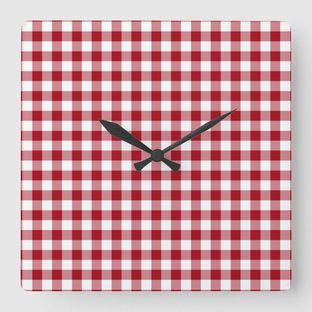 Modernt rött gingham-mönster fyrkantig klocka (Framsida)