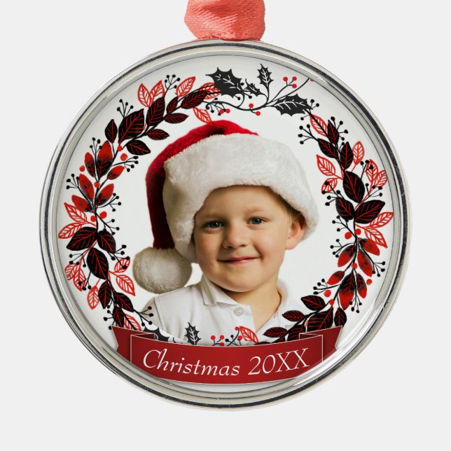 Modernt rött och svart julkranfoto julgransprydnad metall (Framsidan)