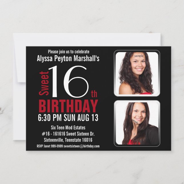 Modernt rött och svärtar party 2 sött 16 för foto inbjudningar (Framsida)