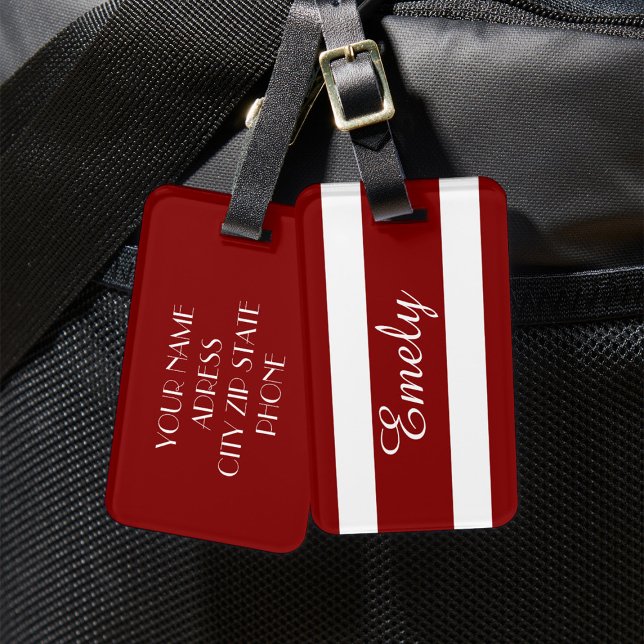 Modernt rött och vitt randigt mönsternamn bagagebricka (Modern Red And White Stripes Pattern Name Luggage Tag)