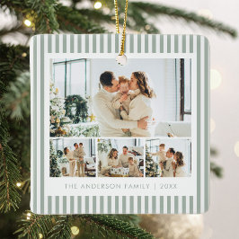 Modernt Sagegrönt Randigt Familjefotokollage Julgransprydnad Keramik