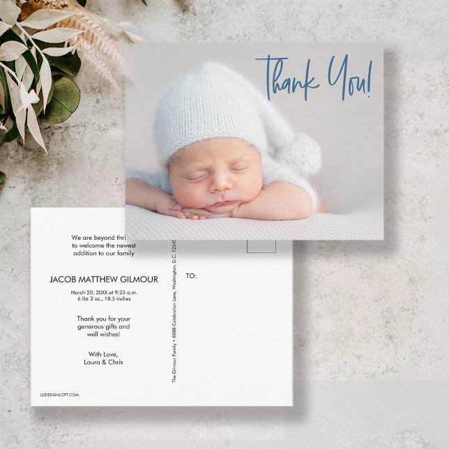 Modernt script blå baby pojke Foto baby shower Vykort (Skapare uppladdad)