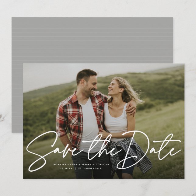 Modernt script trendigt spara datum fotokort datumet (Fram/baksida)