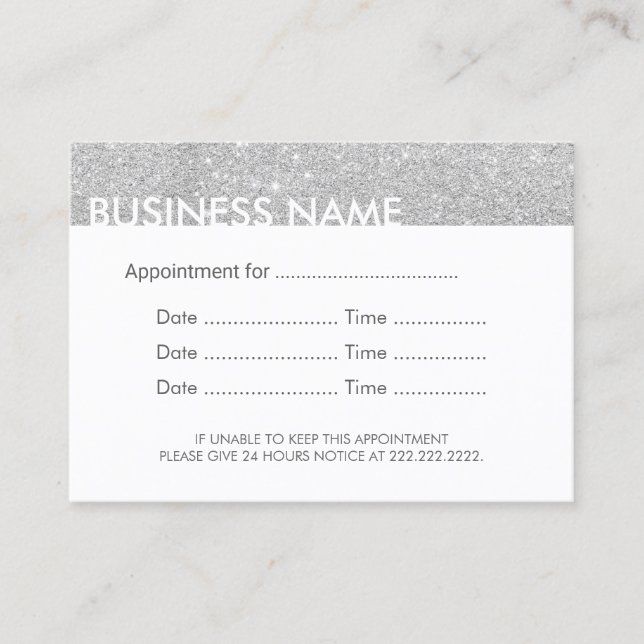 Modernt silverglitter för möte påminnelse tidsbeställning kort (Framsida)