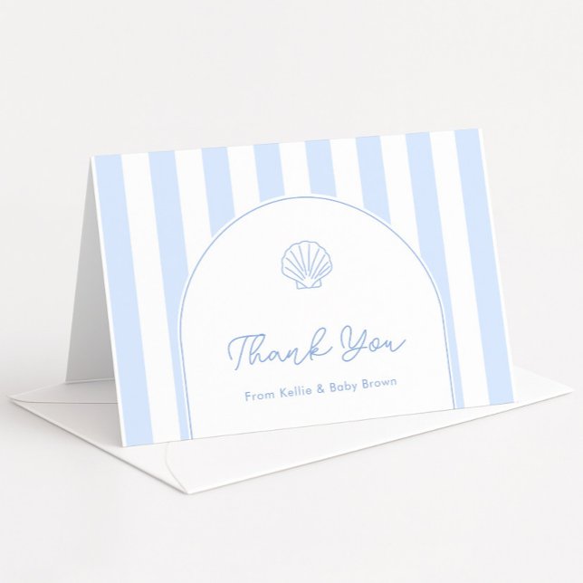 Modernt skals blåvit valvbarnbad tack kort (Simple modern seashell baby shower thank you card with wide blue and white stripes and arch detail)