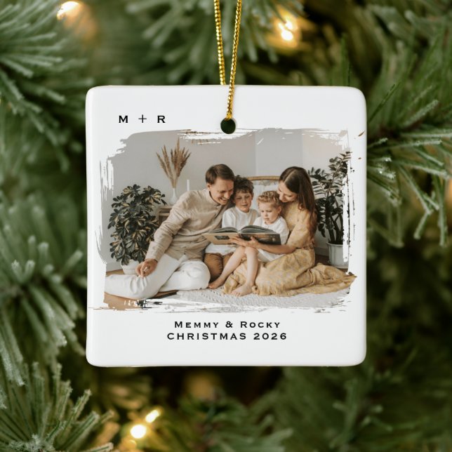 Modernt skript elegant förlovningsfoto-minne julgransprydnad keramik (Träd)