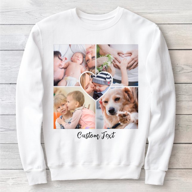 Modernt skript fotokollage hjärta med anpassad tex t shirt (Photo Collage with Heart-Shaped Picture and Custom Text Sweatshirt)