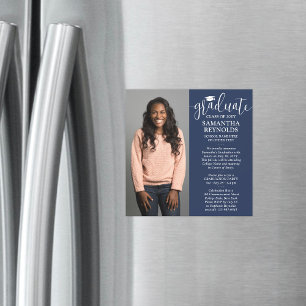 Modernt skript Marinblå & Vit 1 Foto Examen Magnetisk Inbjudningskort