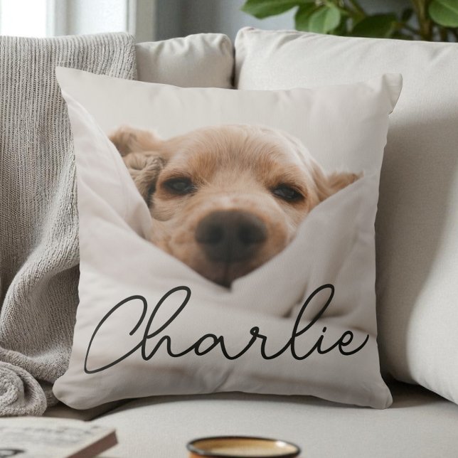 Modernt Skriptnamn Personlig Djur Foto Hund Kudde (Modern Script Name Personalized Pet Photo Dog Throw Pillow)