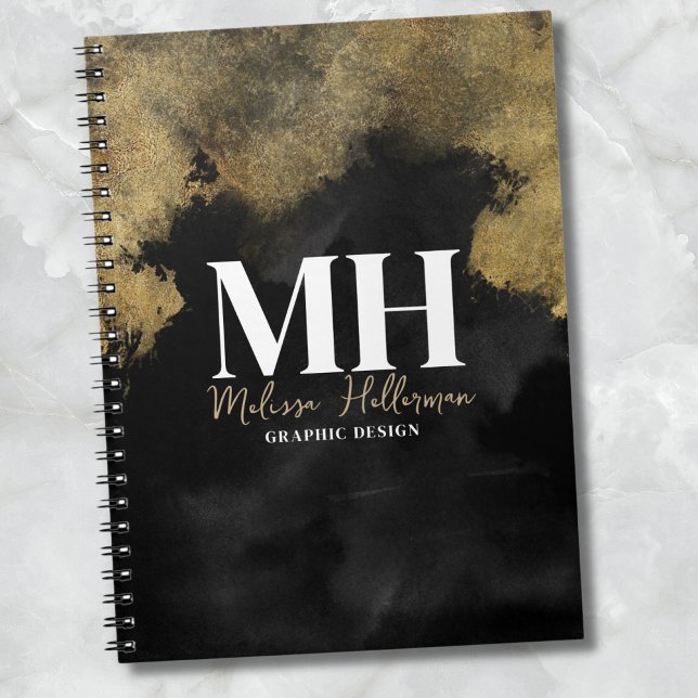 Modernt Skriptnamn Svart Guldmonogram Anteckningsbok (Modern Script Name Initial Black Gold Monogram notebook)