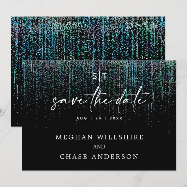 Modernt Spara datum Edgy Teal Glitter Inbjudan (Fram/baksida)