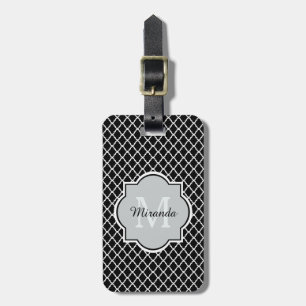 Modernt svartvitt Quatrefoil Monogrammed namn Bagagebricka