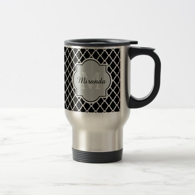 Modernt svartvitt Quatrefoil Monogrammed namn Resemugg (Höger)