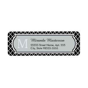 Modernt svartvitt Quatrefoil Monogrammed namn Returadress Etikett