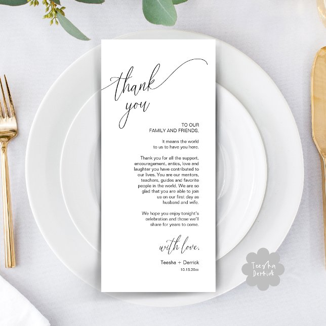 Modernt tackkort för middagsbordssättning på bröll program (Modern Wedding Dinner Brunch Place Setting Thank You Card romantic in aesthetic classy white black)