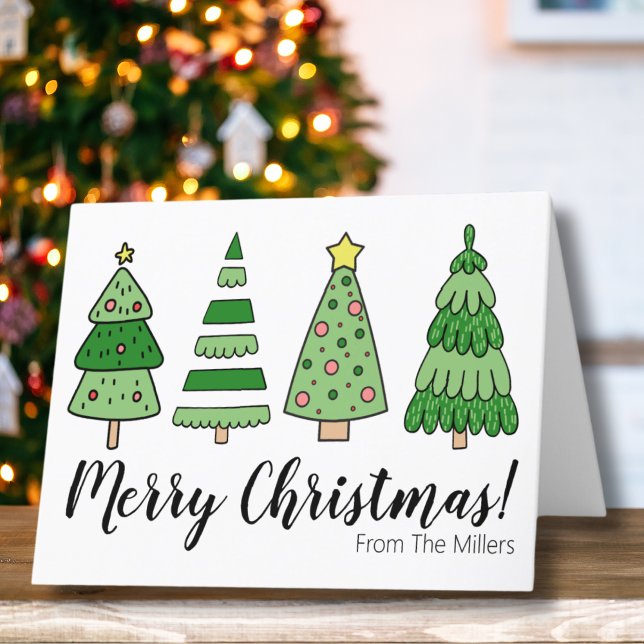 Modernt Träd God Jul Helgkort (Cute Simple Modern Green Merry Christmas Trees Holiday Card)
