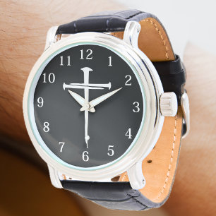 Modernt tre spikar vitt kors armbandsur