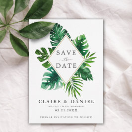 Modernt tropiskt akvarellblad grönt spara datumet