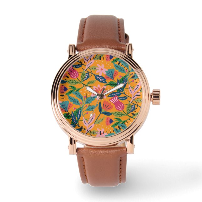 Modernt tropiskt blommönster armbandsur (Framsida)