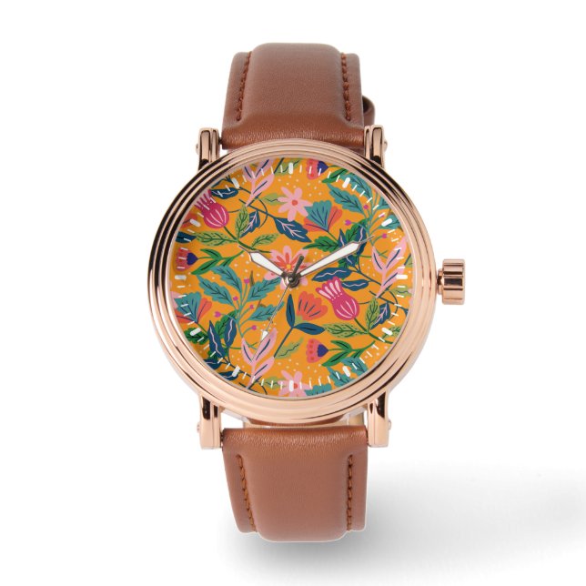 Modernt tropiskt blommönster armbandsur (Framsida)
