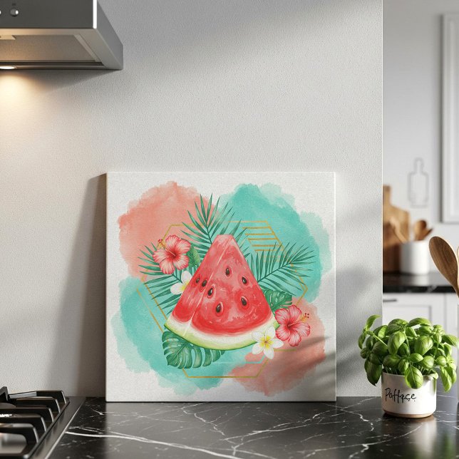 Modernt tropiskt vattenmelon & hibiskus vattenfärg kakelplatta (Skapare uppladdad)