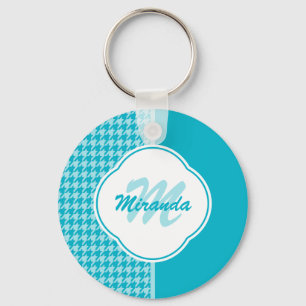 Modernt turkosHoundstooth Monogram och namn Nyckelring