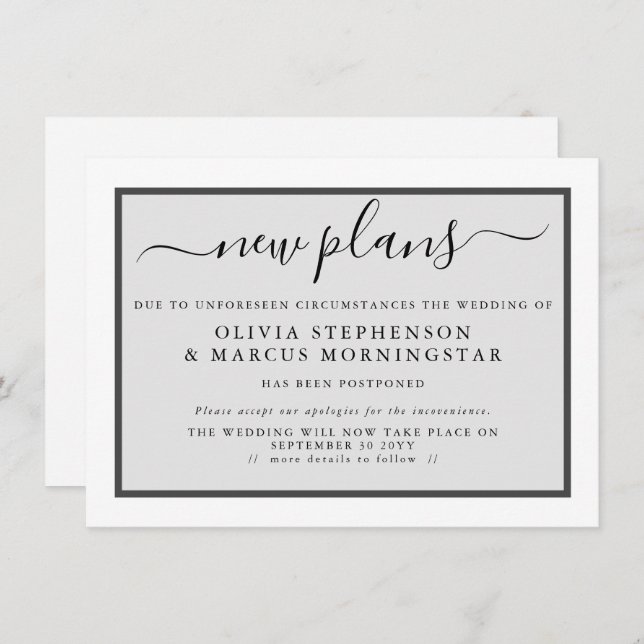 Modernt uppskjutet evenemangsmeddelande Nya planer Inbjudningar (Fram/baksida)