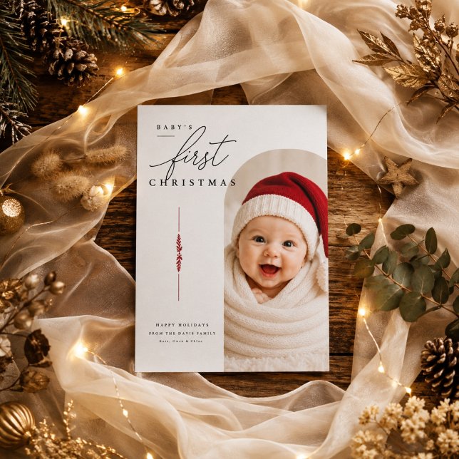 Modernt valv för babys första jul firande fotot  julkort (Skapare uppladdad)