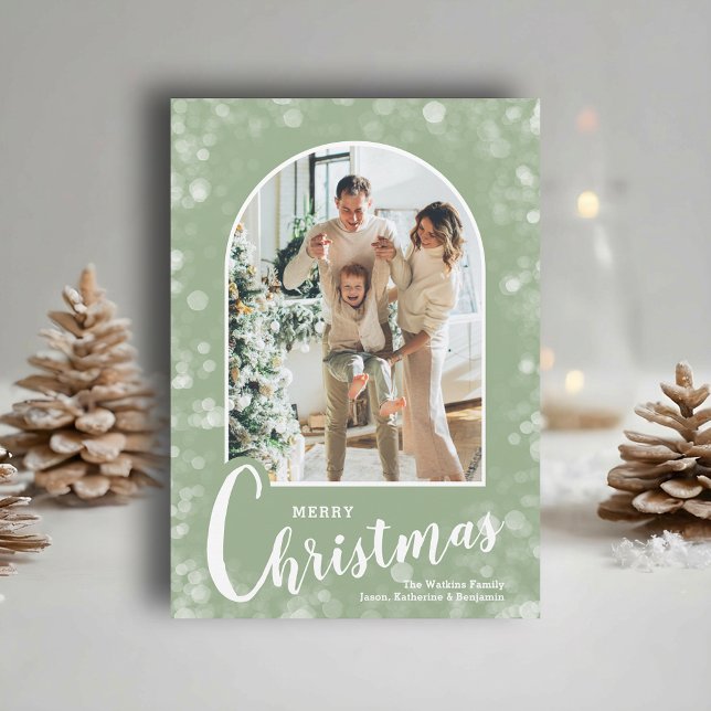 Modernt välvt foto på salufärgad julgrön jul julkort (Modern arched photo on sage green Merry Christmas holiday cards, PRINTED and/or INSTANT DOWNLOAD)