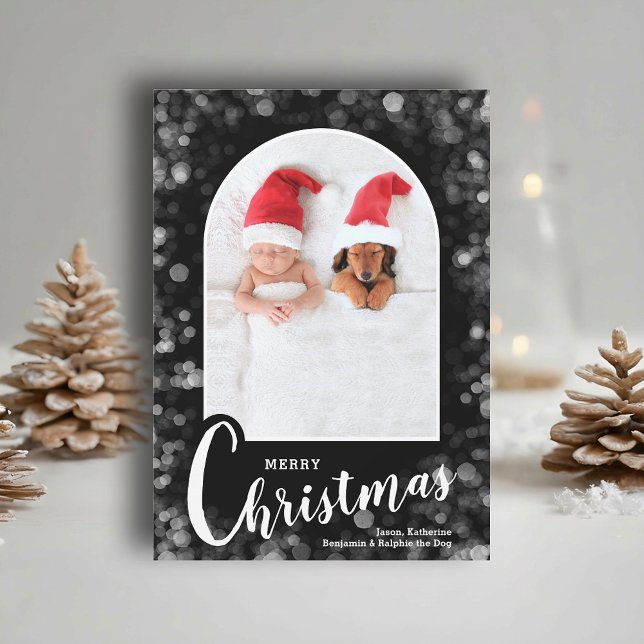 Modernt välvt foto på svart jul julkort (Modern arched photo on black Merry Christmas holiday cards, PRINTED and/or INSTANT DOWNLOAD)