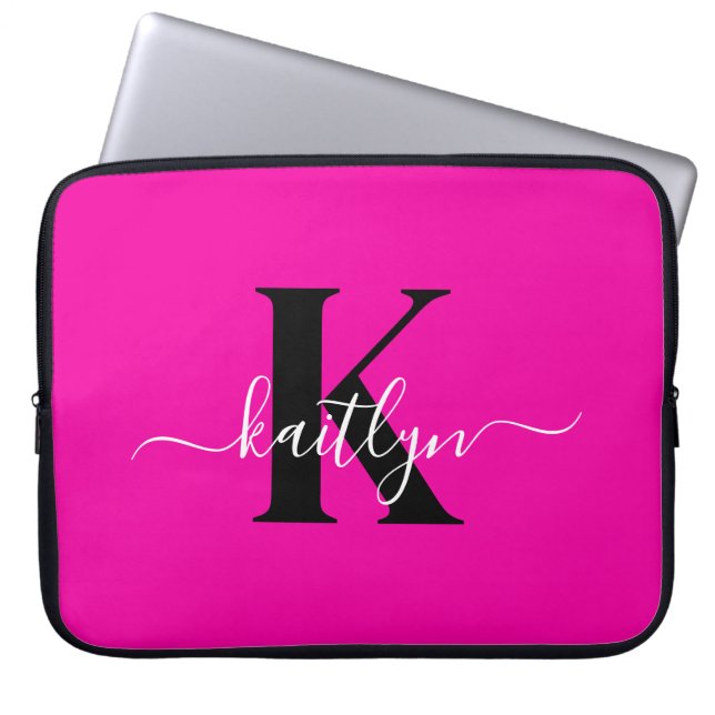 Modernt varmgrått svart scriptmonogram laptop fodral (Framsidan)
