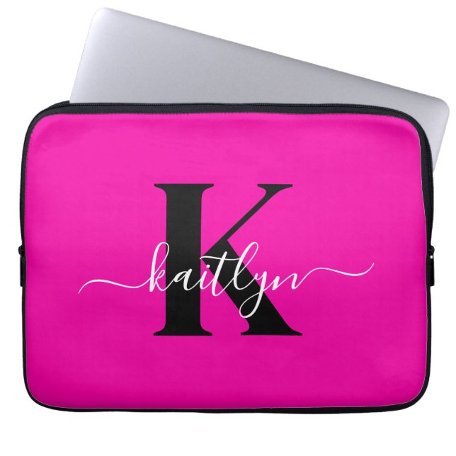 Modernt varmgrått svart scriptmonogram laptop fodral (Framsidan)