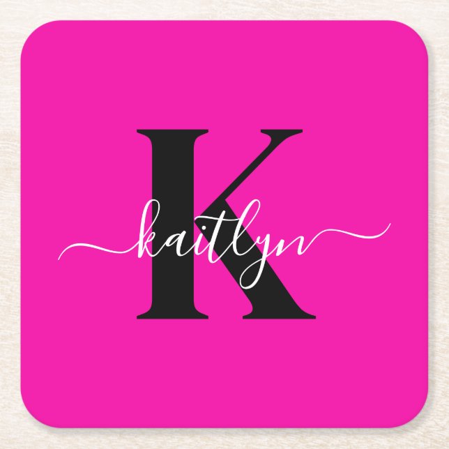 Modernt varmgrått svart scriptmonogram underlägg papper kvadrat (Framsidan)