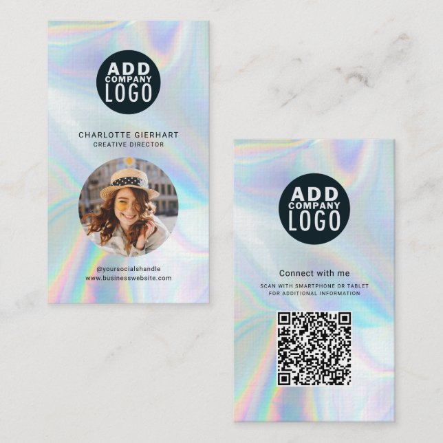 Modernt varumärkeslogotyp QR-kod holografisk foto Visitkort (Fram/baksida)