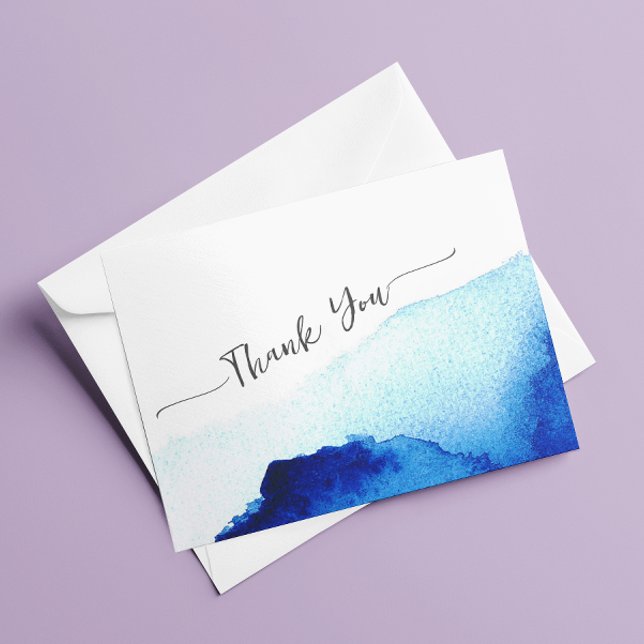 Modernt vattenfärgsskrift Indigo Blått Bröllop Tack Kort (Skapare uppladdad)