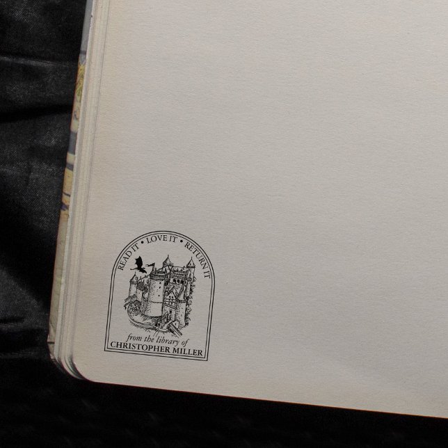Modernt Vintage Drak Slott Från Biblioteket  Stämpel (Skapare uppladdad)